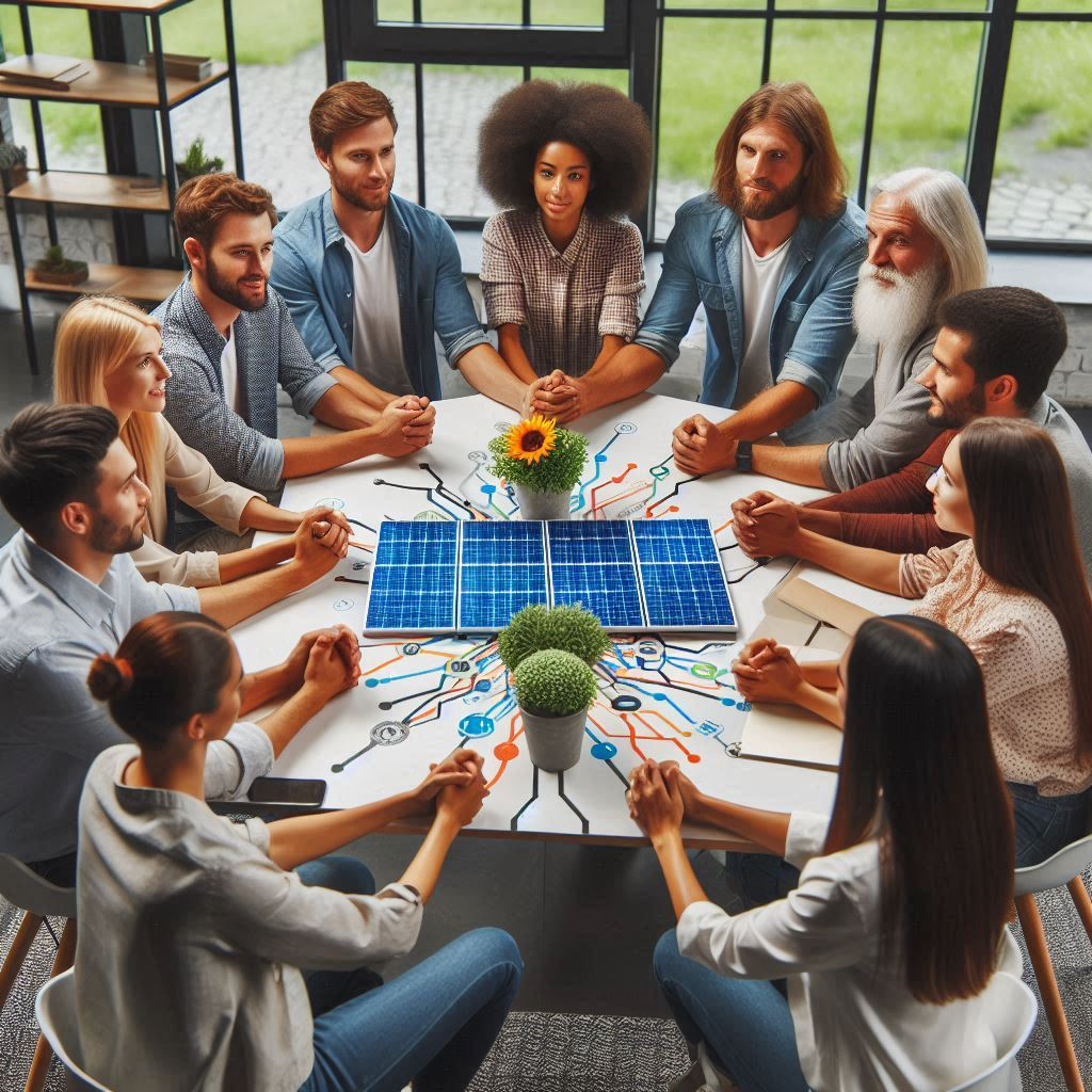 meeting of group of people regarding solar panels